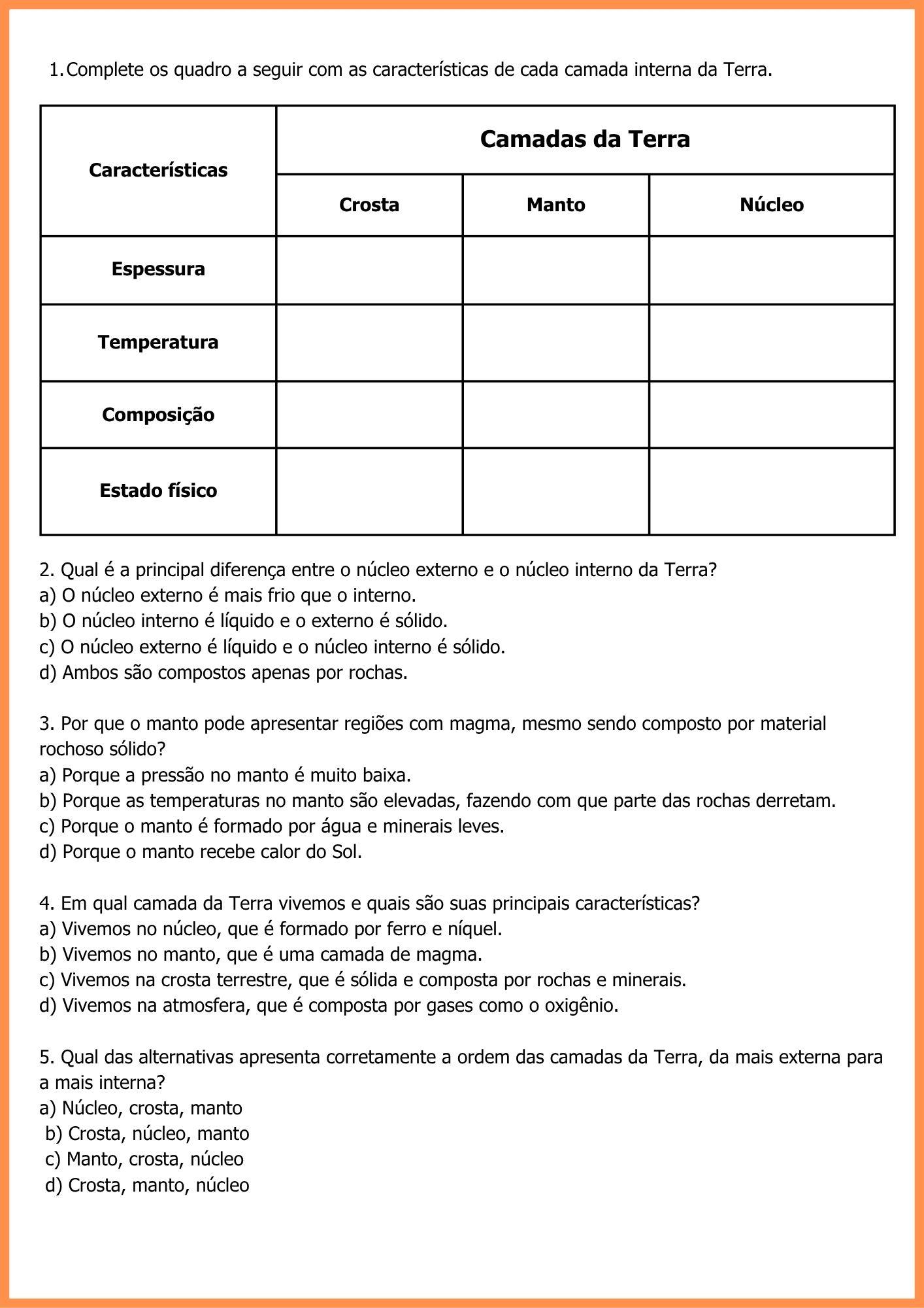 AS CAMADAS DA TERRA: ATIVIDADES