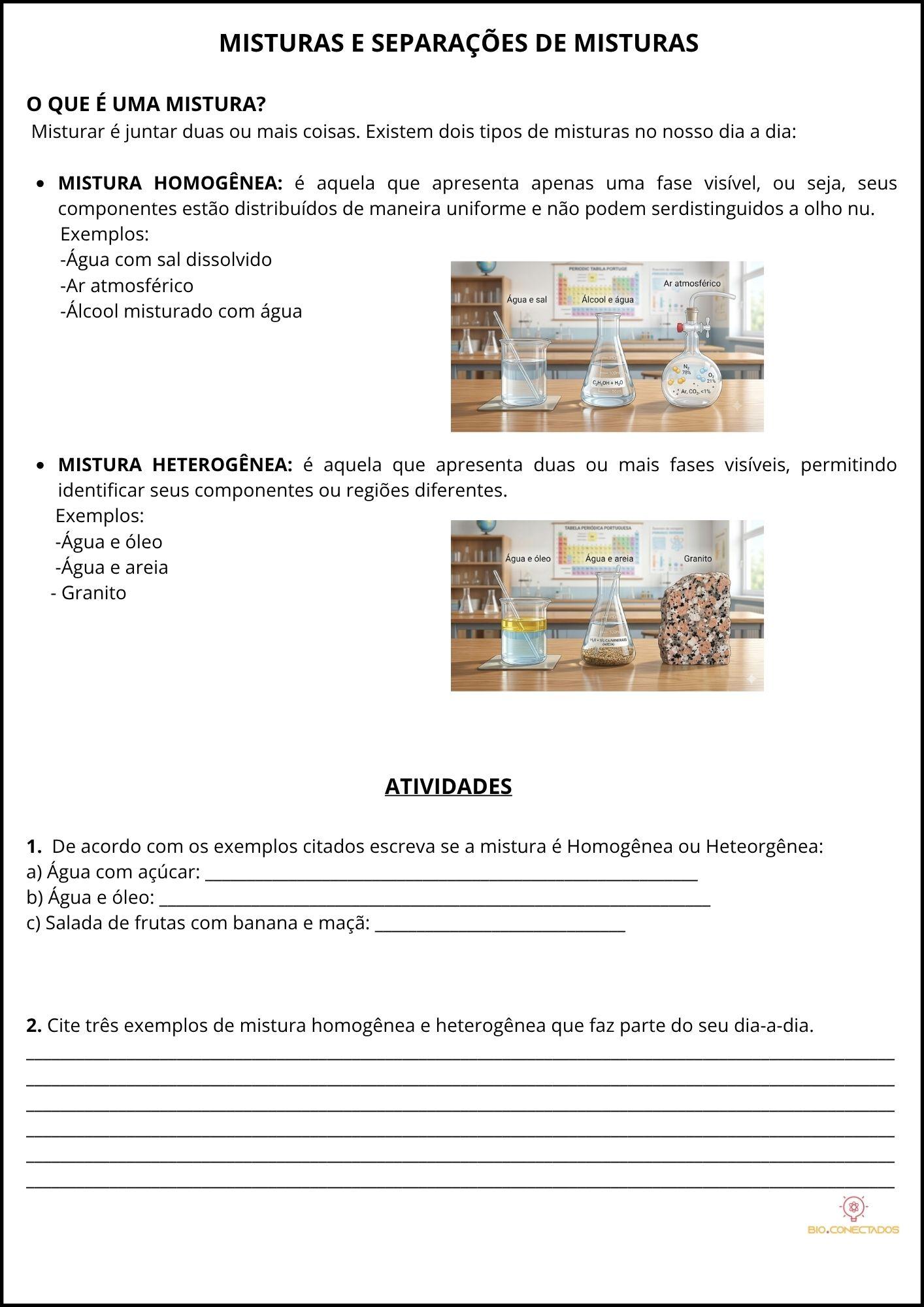 MISTURAS E SEPARAÇÕES DE MISTURAS - ATIVIDADES DE CIÊNCIAS