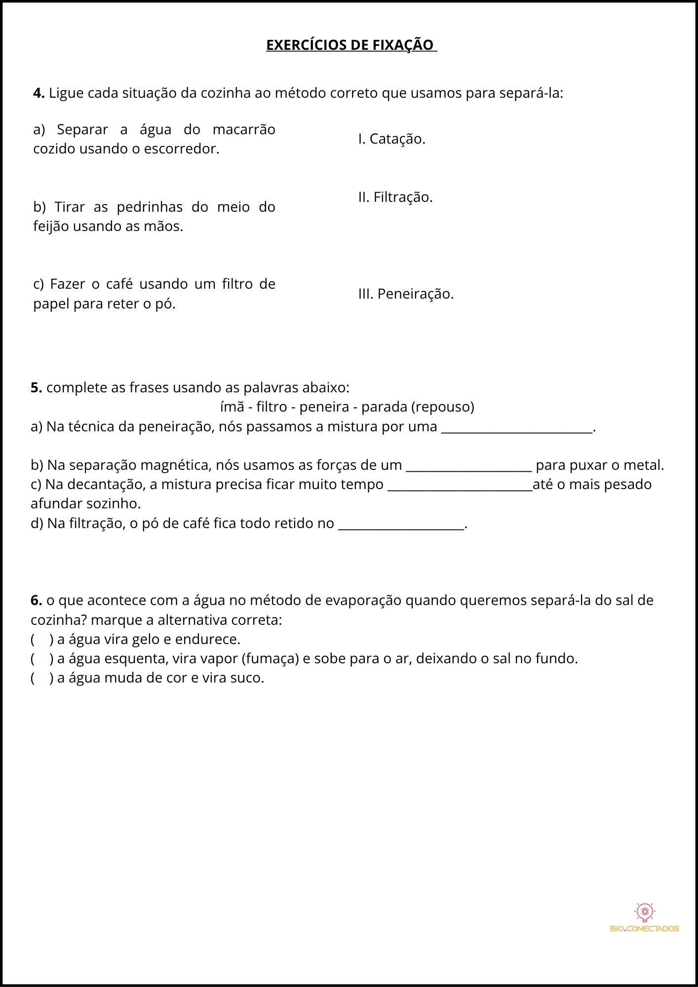 MISTURAS E SEPARAÇÕES DE MISTURAS - ATIVIDADES DE CIÊNCIAS